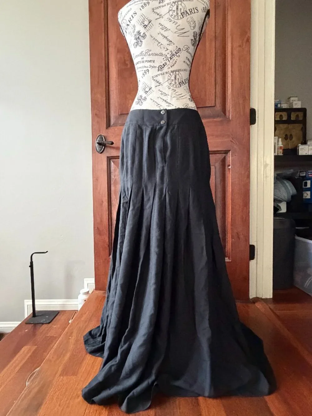 CHANEL Black 100% Silk Maxi Skirt CC Logo Buttons Side Slit FR 44 Made in France